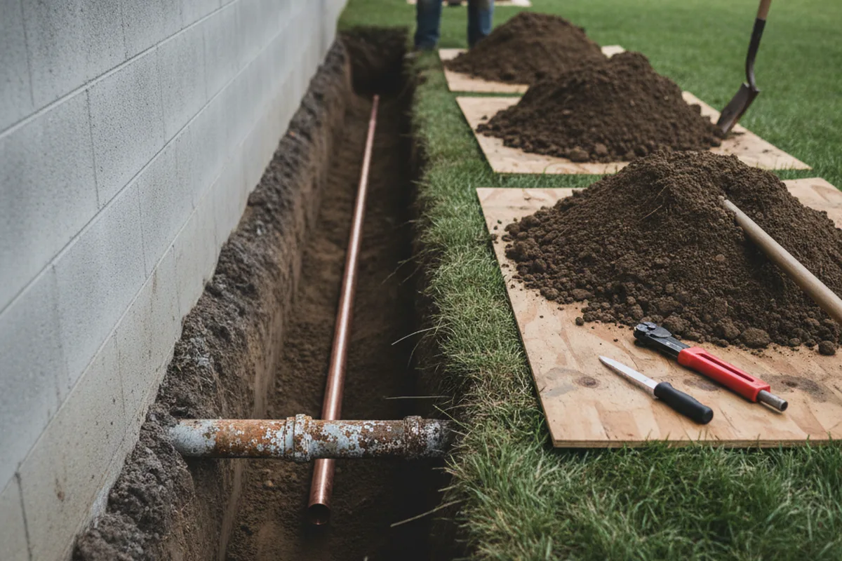 Excavated water line trench during Water Heater Repair in Deep River
